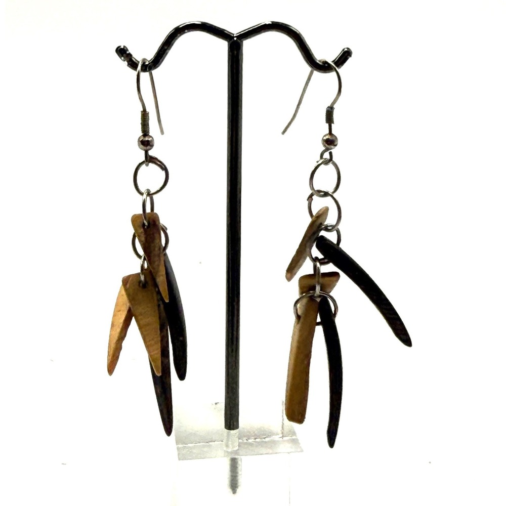 Vintage Boho Wood Spike Dangle Earrings Brown Tan Natural Cluster Fishhook